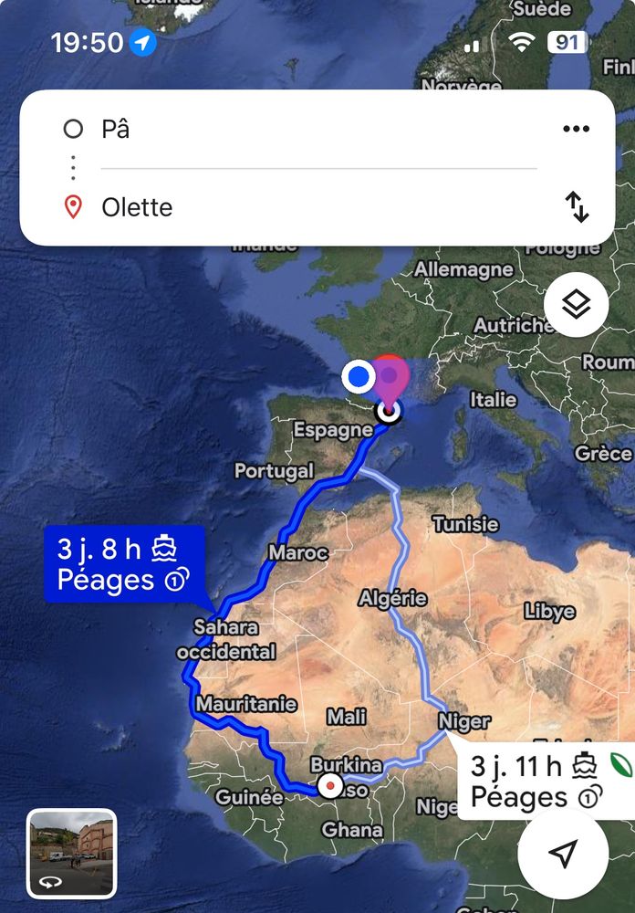 Itinéraire Google Maps de Pâ ( Burkina Faso) à Olette ( Pyrénées Orientales)