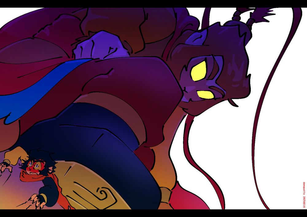 Quick ALT: A stylized LMK fanart of a gigantic, looming Sun Wukong who is stepping on the tiny Six-Eared Macaque's back as he claws at the ground in fear. 