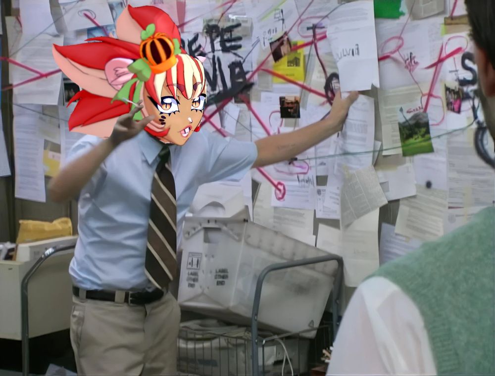 charlie meme image from its always sunny in Philadelphia. crazed man in work shirt and slacks explaining a concept to someone. there are papers everywhere with connected lines and scribbles. lion vtuber face is pasted on instead of charlies. she has raised eyebrows and wide open eyes