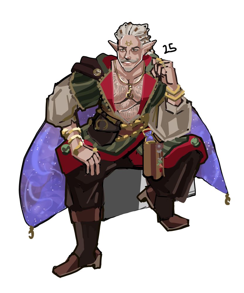 Drawing of @maultaschenprinz.bsky.social sitting leisurely with a smile. Wearing green and red robes with brown pants and boots. Has gold embellishments and a purple cape with magical swirly patterns