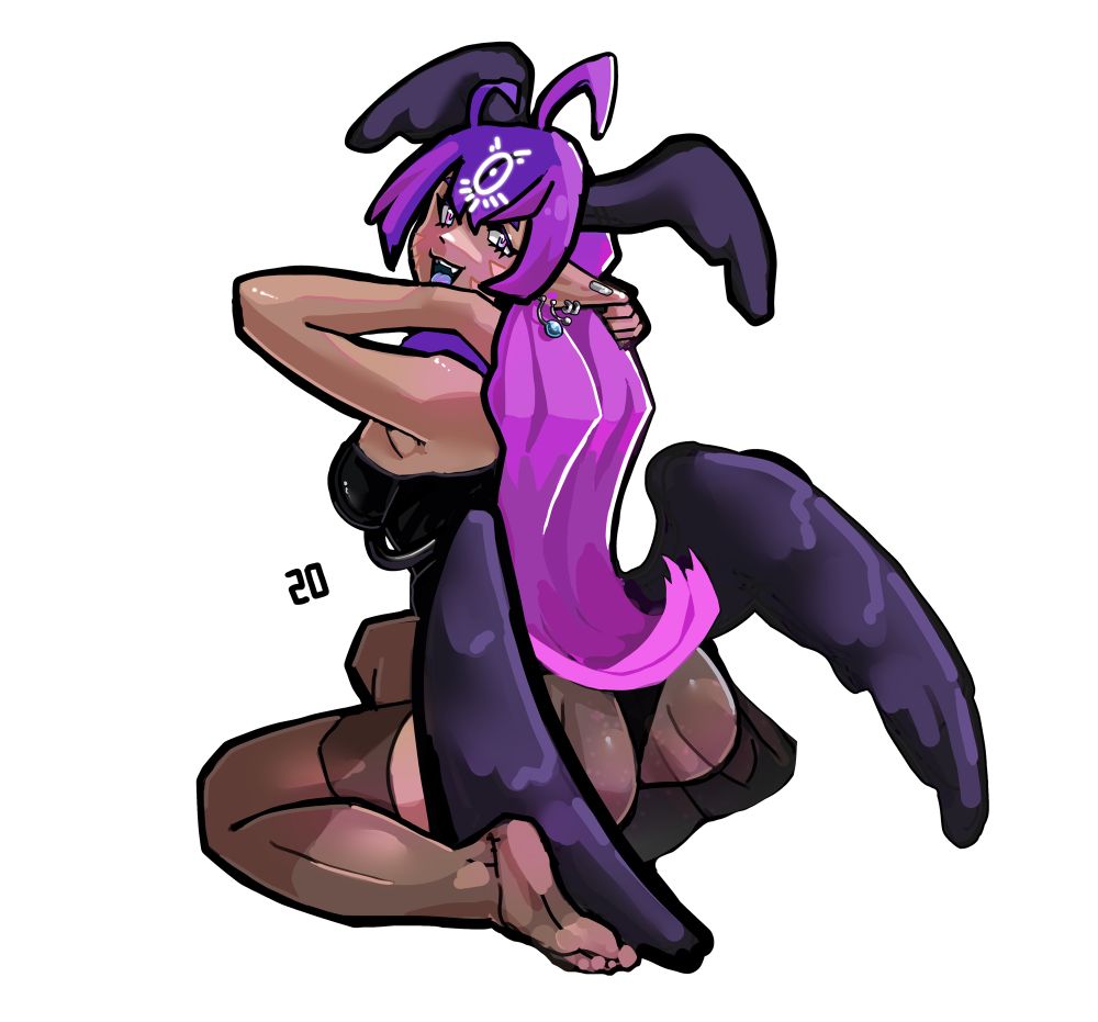 Drawing of crow demon @craxvtube.bsky.social !! She is sitting with her back to us and face turned to give a big smile! She had long purple and pink hair and big pretty crow wings on her head and lower back. Slay