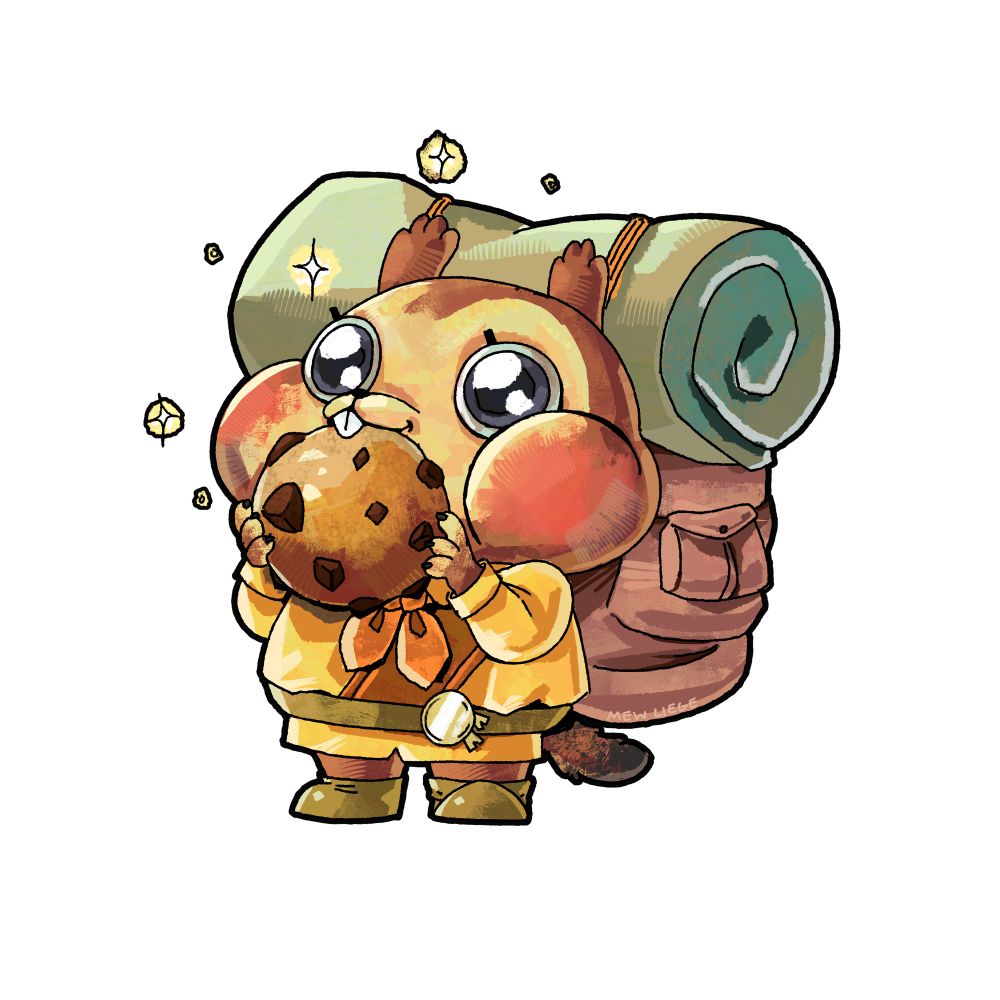 Hazel nut from legends of avantris. A chipmunk with huge sparkly eyes eating a large chocolate chip cookie. She has chubby cheeks. She is wearing a yellow scout type uniform and has a big camping bag with a bedroll.