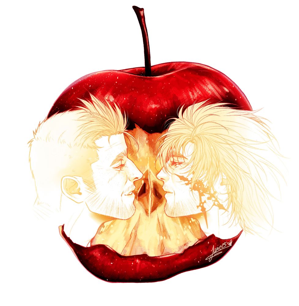 Cid and Clive from ffxvi. They're facing each other in an apple, a trend from twitter.