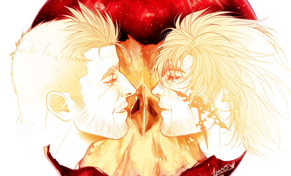 Detail of Cid and Clive from ffxvi. They're facing each other in an apple, a trend from twitter.