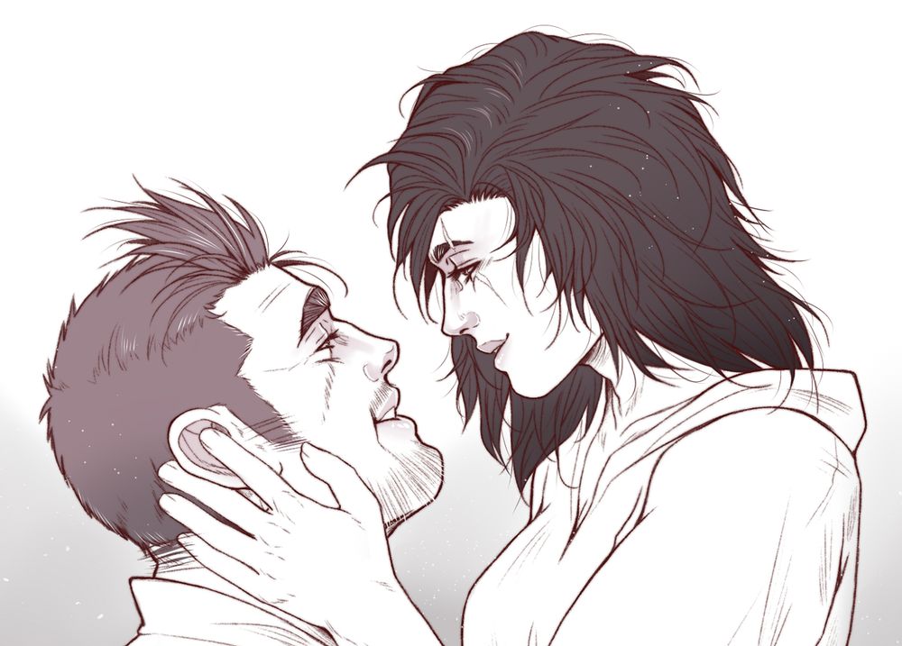 Detail of Cid (from Final Fantasy XVI) with an OC, sketch suggestion from my Patreon.