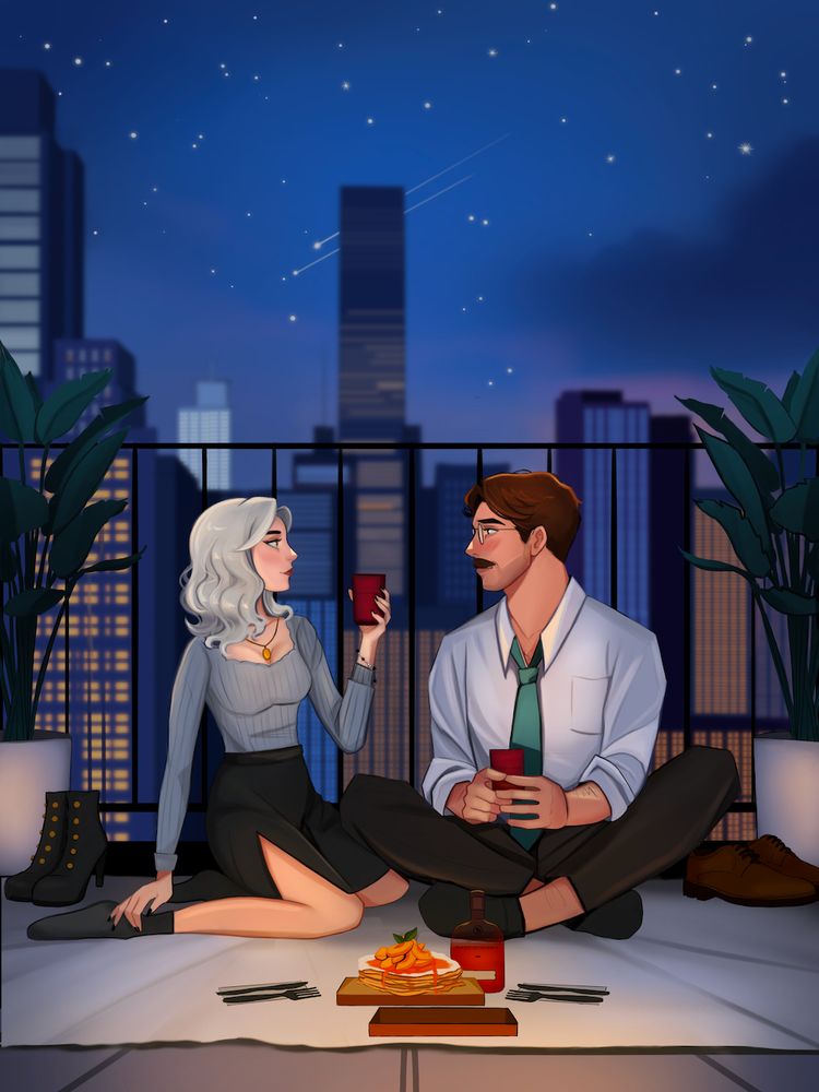 Commissioned art done by Sunshinecovey featuring Stardew Valley Harvey with my OC [name redacted] in a scene taken from my fanfic where the 2 are sitting on a balcony with dessert and drinks before.... 😏