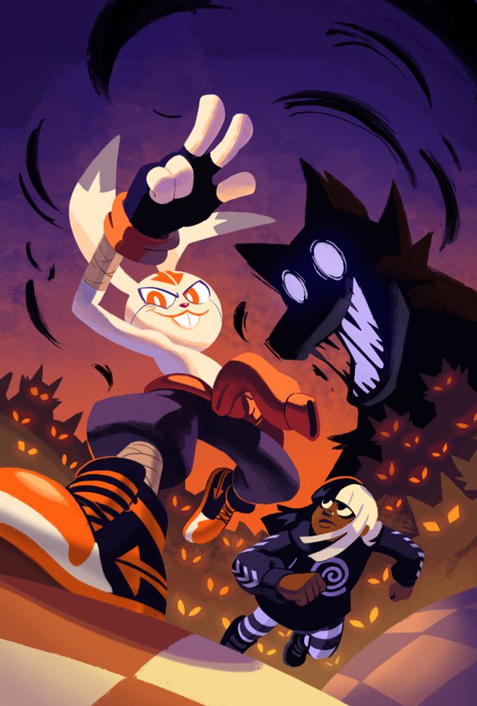 Artwork of Jack and Jill, and a horde of shadowy Wolf demons, by Nathalie Fourdraine.