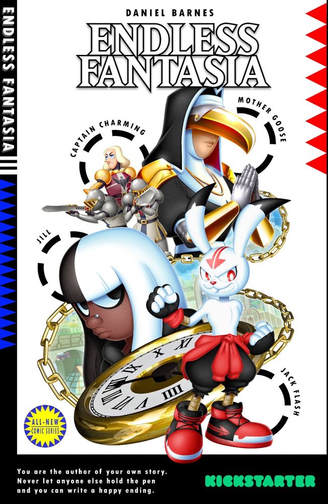Front side of the ENDLESS FANTASIA Kickstarter promo postcard, featuring artwork by Tyler McGrath and Cherribun.