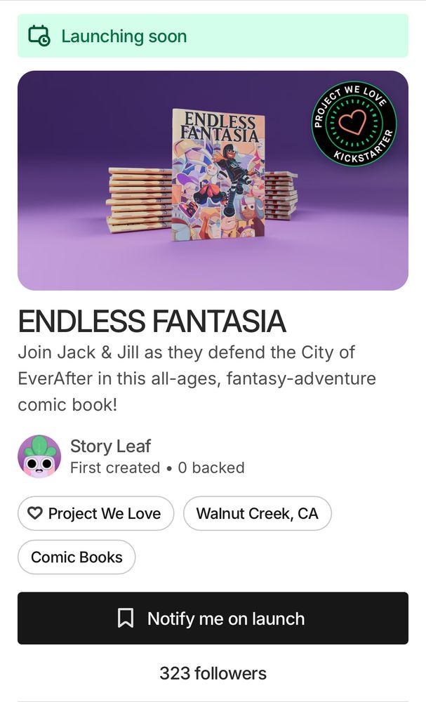The Kickstarter pre-launch page for ENDLESS FANTASIA. It currently has 323 followers. Let’s try to get that number higher!