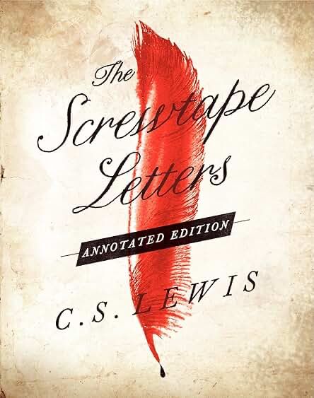 Book cover: “The Screwtape Letters,” by C.S. Lewis. The cover features a bright red quill with a drop of ink dripping from the end. 