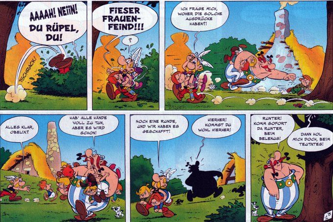 In mehreren Panels fangen Asterix und Obelix einige wütend schreiende Kinder ein und tragen sie davon. Ein Mädchen, das sich in einem Gebüsch versteckt, ruft „Aaaah! Nein! Du Rüpel, du! Fieser Frauenfeind!!“, während Asterix sie unter dem Arm hält. Beide sammeln mehrere Kindere ein und versuchen sie, sie zu beruhigen, während sie sich weiterhin sträuben. Die Szene spielt im gallischen Dorf mit Hütten und Bäumen im Hintergrund.