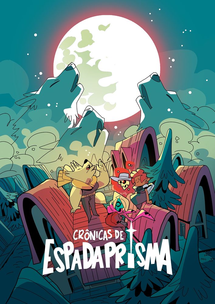 Ilustração cartunizada colorida. Arte promocional do quadrinho Crônicas de Espadaprisma mostrando os quatro personagens principais nos telhados de casinhas de um vilarejo pequeno. É noite de lua cheia e Medeiros, o personagem furry lobo, uiva para lua enquanto uma clériga baixinha, um zumbi de cabelos brancos e um crânio voador estão sentados aproveitando a serenata. Ao fundo, três grandes massas de núvem em forma de lobos uivam também.