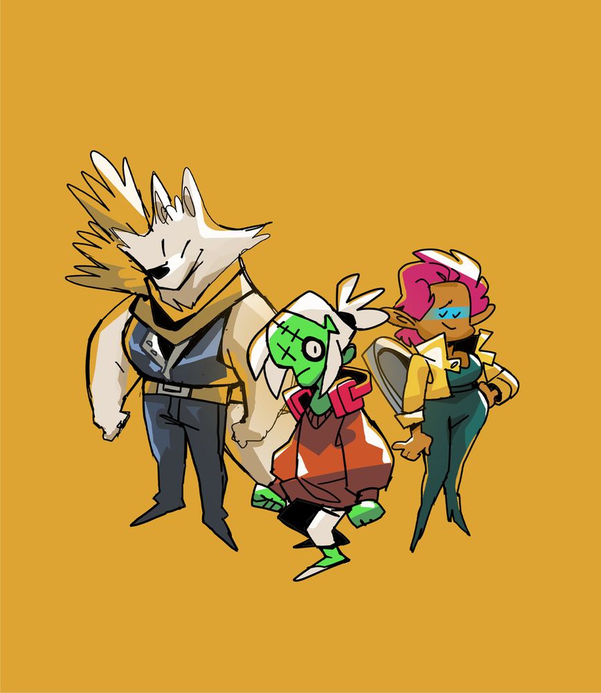 desenho colorido e cartunizado de três personagens do quadrinho crônicas de espadaprisma. na esquerda, medeiros é um furry lobo branco, usa um cachecol com pontas curtas esfarrapadas e um conjunto de calças e jaqueta de couro sem mangas. no centro, uno é um zumbi verde de cabelos brancos presos num pequeno rabo de cavalo. ele usa um suéter laranja simples e calças brancas justas. em volta do pescoço, um headset rosa vivo. na direta, terezinha é uma elfa baixinha. ela usa o cabelo rosa penteado para trás, uma mini jaqueta amarela e um body escuro com saltos na mesma cor.