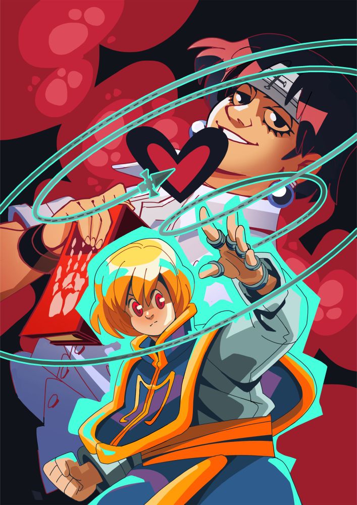 digital art, cartoony colored character illustration. hunter x hunter fanart with kurapika in the foreground, nen aura and judgement chains active. intense, big crimson eyes. on the background, chrollo stands smiling menacingly and holding his book.