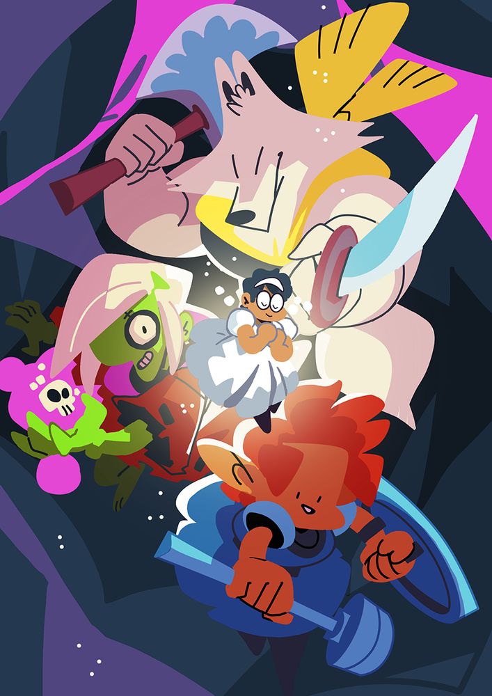 ilustração colorida cartunizada, arte promocional com os personagens principais de Crônicas de Espadaprisma. Medeiros no topo, um furro lobo branco guerreiro empunhando machado e uma faca. Abaixo, Uno, um zumbi necromante segura uma caveira flutuante. Na parte inferior da imagem, Terezinha, uma elfa clériga baixinha, segura uma maça e um escudo. Pequeno, no centro da imagem, um Edilson de vestido branco flutua de olhos fechados e expressão serena.