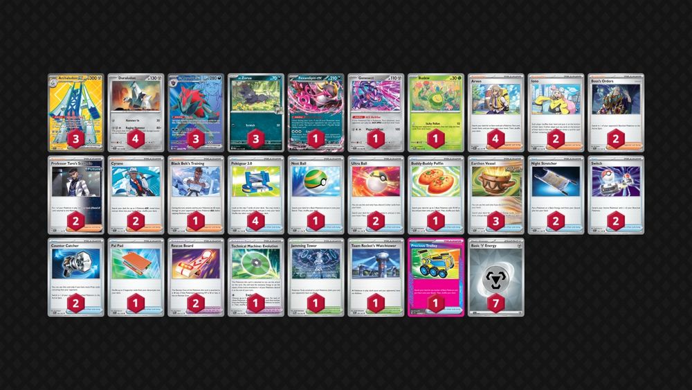 print de uma deck list de pokemon tcg mostrando em grid as cartas e quantidades de cada carta de um deck. em destaque estão archaludon ex e zoroark ex do N