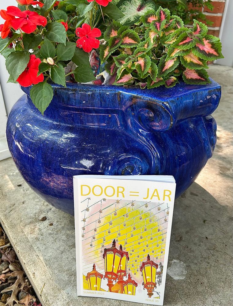 A print copy of A Door Is A Jar literary magazine and a blue planter full of impatiens and coleus in pink and green.