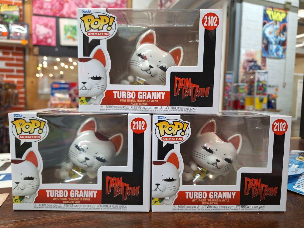 3 funko pop of turbo granny stacked in a pyramid