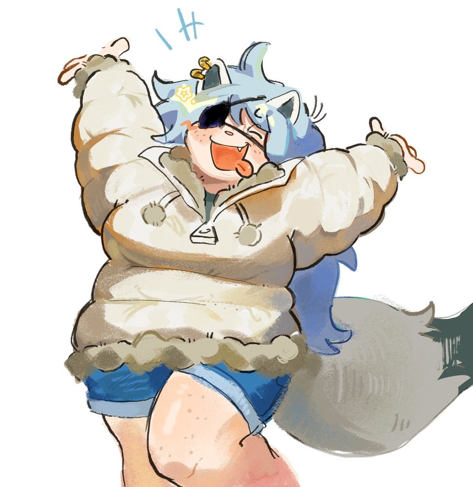A character with long blue hair, an eyepatch, cat ears with earrings through one, a big puffy white jacked, jean shorts, and a huge tail