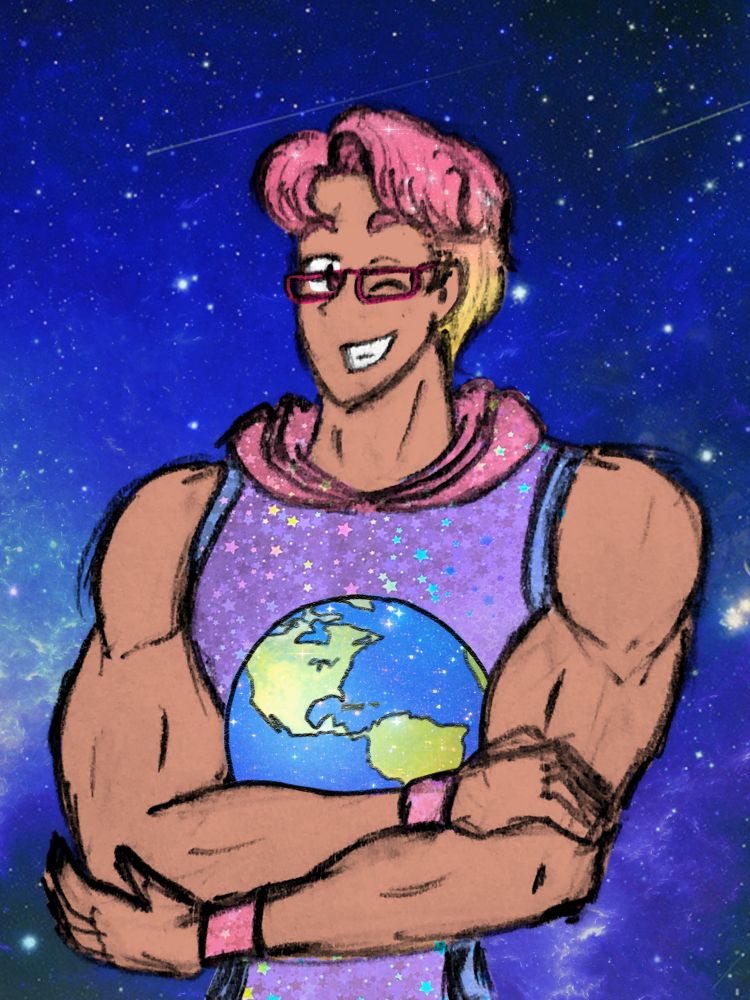 Drawing of a muscular version of the artist hugging planet earth in starlight of space