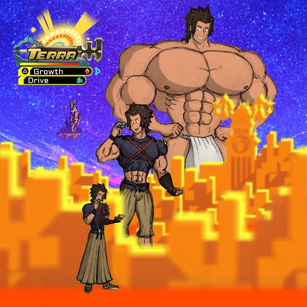 Logo reads: Terra Growth Drive
Artwork features Terra from Kingdom Hearts growing sequentially larger against a silhouette of Twilight Town with the Mysterious Tower in the back. 