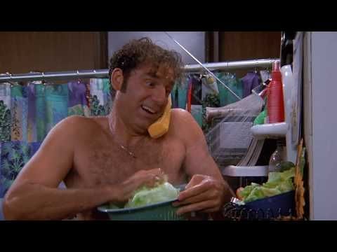 Kramer making a salad in the shower