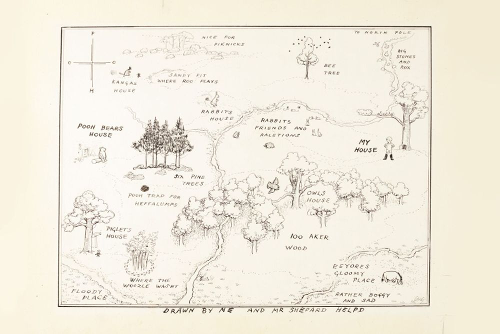 The original map of the hundred acre wood, published in the opening end-papers of the 1926 first edition of Winnie-the-Pooh