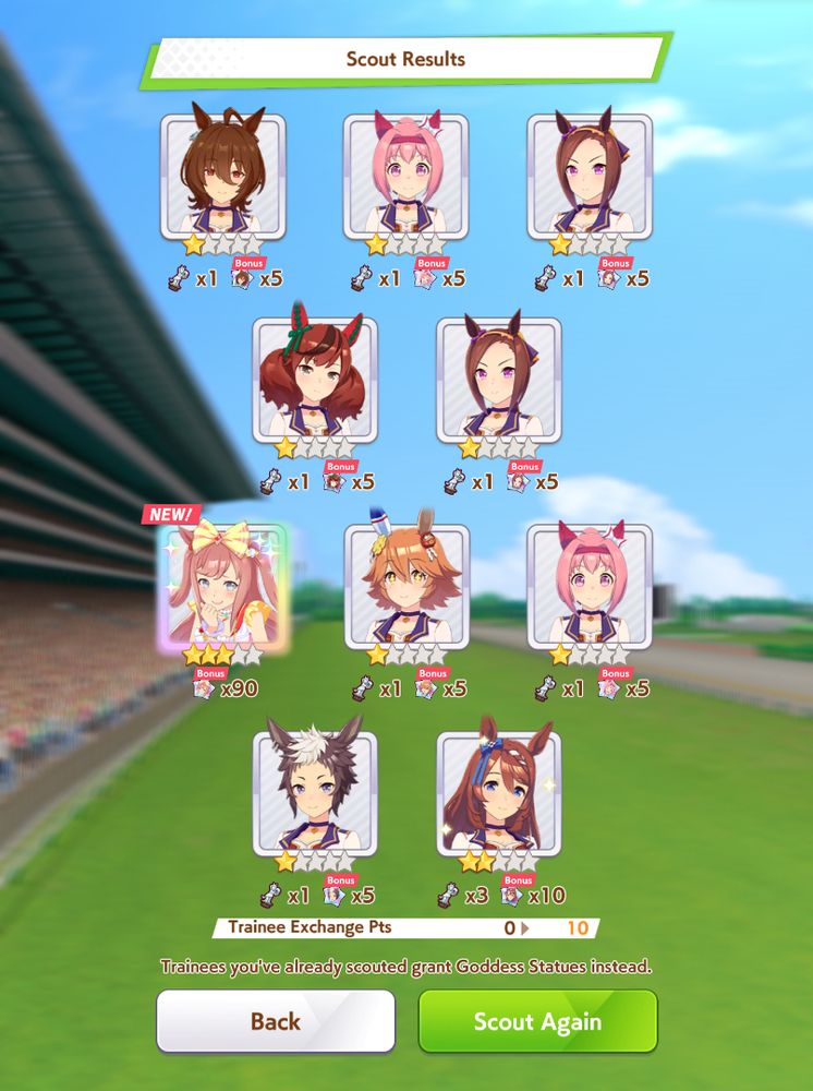 a 10 gacha pull screen in umamusume, showing new agnes digital on the first pull of the banner