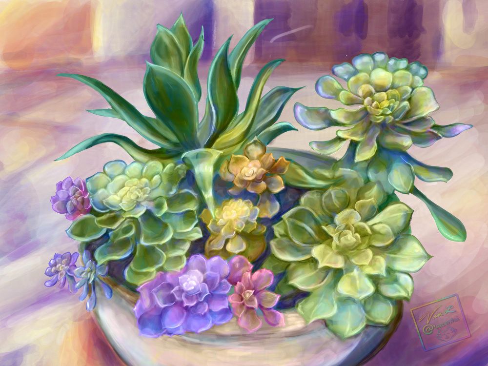 A digital still life based on personal photo reference of succulents in San Francisco’s Embarcadero area. Made with Procreate in 2024