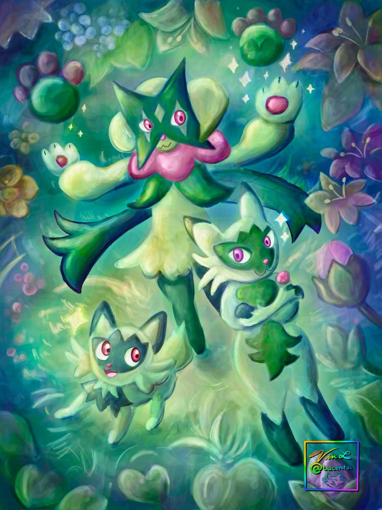 A fanart of Sprigatito, Floragato, and Meowscarada inspired their flowery cards in Pokémon TCG Pocket. Made with Procreate in 2025 