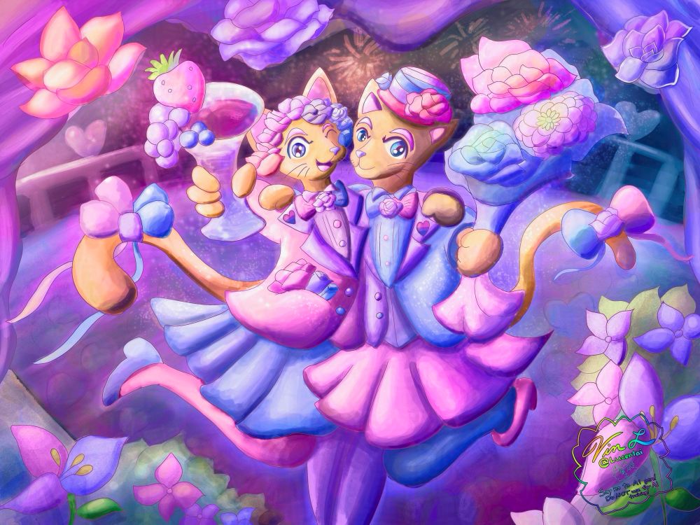 An original piece featuring my two bi pride anthropomorphic furry cats Twilli and Viride. Twilli holds a glass while Viride holds a rose bouquet. Made with Procreate in 2025