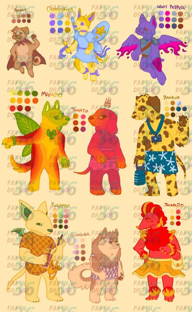 A set of nine anthropomorphic dogs, themed after different foods. From left to right, top to bottom:

A peanut-themed pug wearing a superhero cape, floating midair with a grin and a wave,

A starfruit-themed chihuahua with fairy wings and a wand, wearing a light blue dress and purple ribbons,

A ghost pepper-themed French bulldog with fiery phoenix wings and medieval plate armor,

A mango-themed German shepherd, with leafy wings sprouting from its back,

A tomato-themed beagle with a floating miniature crown, wearing fishnets and a short pink skirt,

A banana-themed Dalmatian, dressed for a day at the beach,

A pineapple-themed English bull terrier, with trendy accessories and a bombastic side eye,

A ginger root-thened pomeranian, with a pastel argyle sweater,

And a jalapeño-themed poodle, with red and yellow flame patterns licking across the fluffiest parts of its fur.