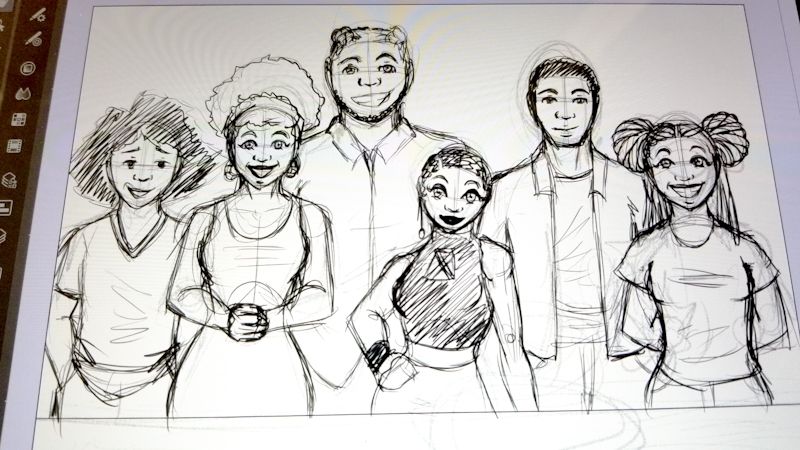 A drawing of Black teens gathered before a kitchen counter. 