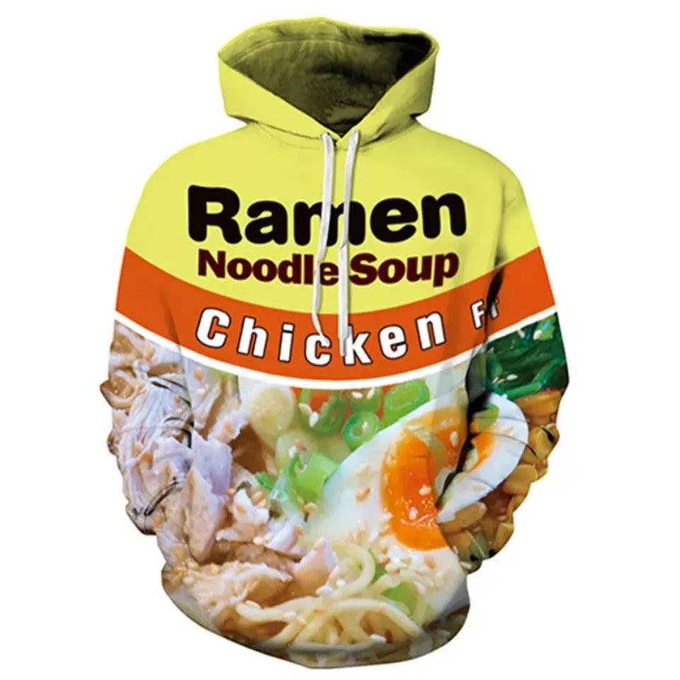 A hoodie with the design of chicken flavor maruchan ramen noodles printed on it.