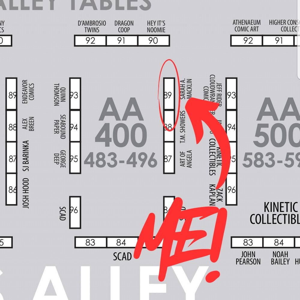 A map of HeroesCon showing a close up of an AA-400 bay with an arrow showing where table 489 is. That's my table!