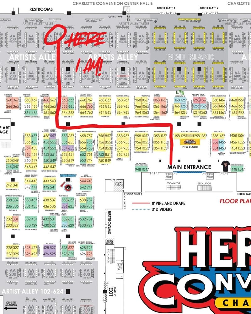 A map of HeroesCon showing the path to table 489.