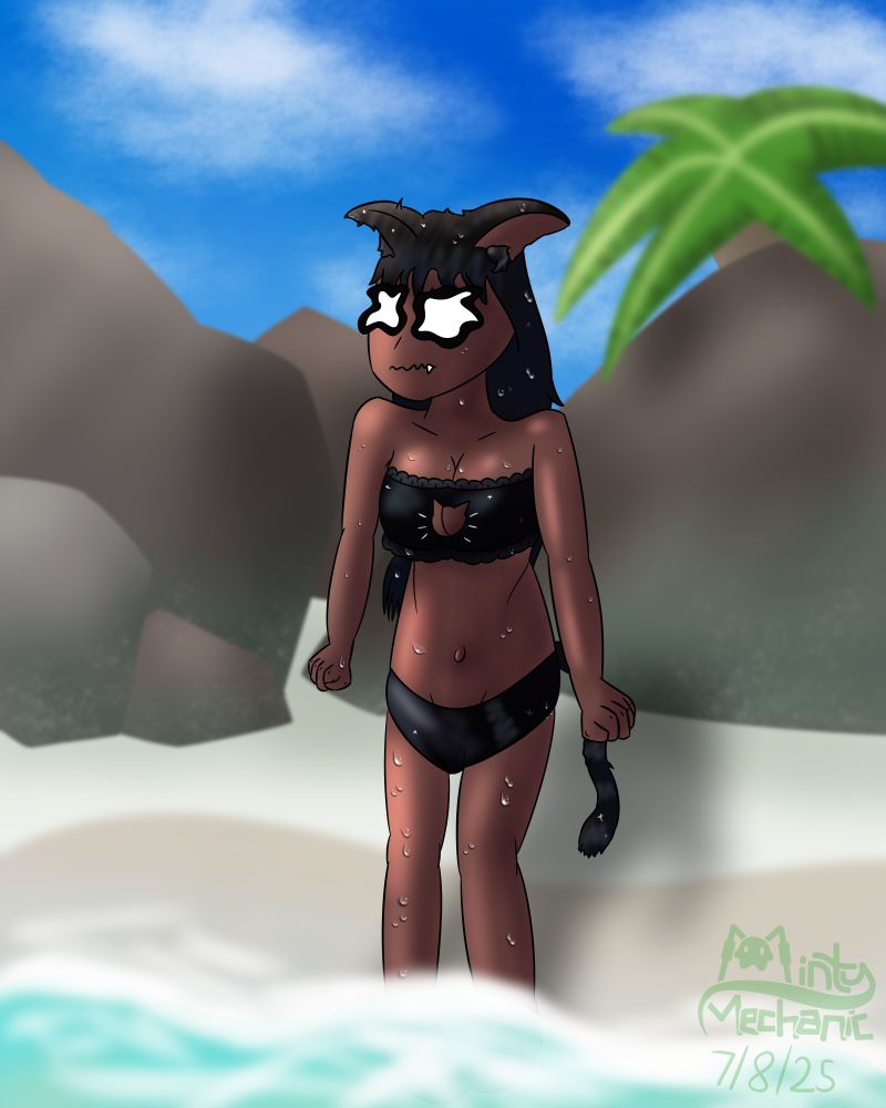 Glitterbox, a black catgirl standing on a beach with large rock formations and a palm tree, visibly distressed and soaking wet.