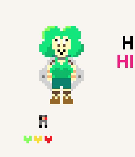 Millicent on an off-white background, nearby some multicoloured hearts, a strange creature and the word "hi" twice.