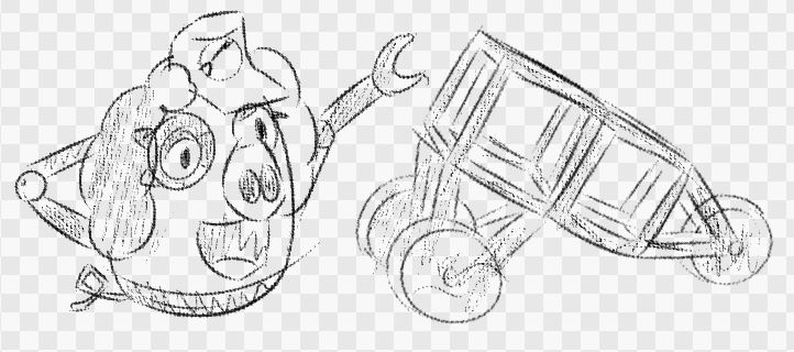 A variant of Millicent known as Piggicent showcasing a vehicle made from two hollow wooden boxes and two wooden wheels.