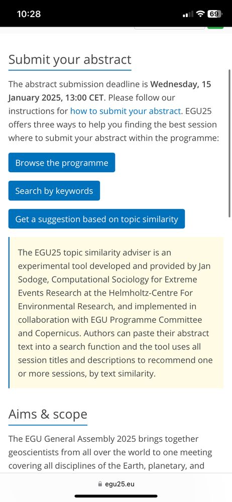Screenshot EGU website advertising the tool