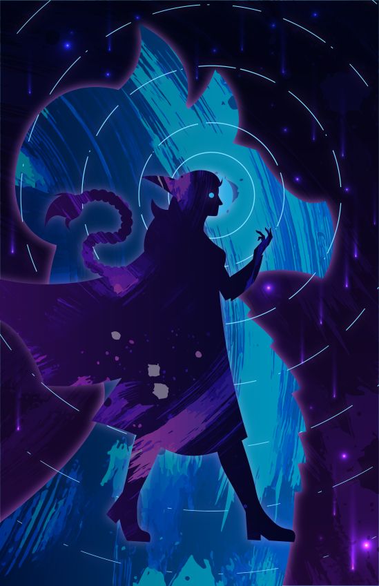 The silhouette of an elf wearing a long flowing cloak with a braid walking in front of the silhouette of a blue dragon to where their eyes line up.