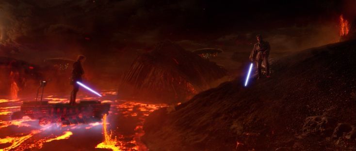 Anakin, on a floating piece of debris over a lava river, faces down Obi-Wan, who has the high ground, on the dark world of Mustafar.