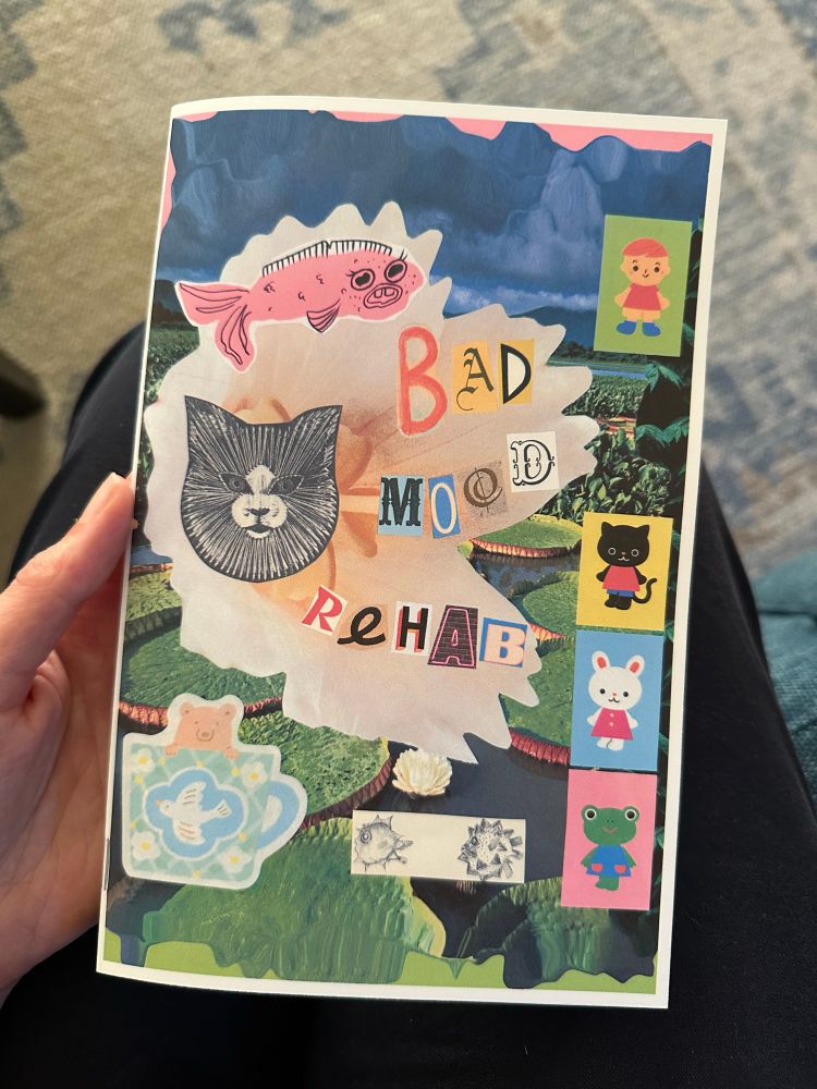 the cover of my zine “bad mood rehab”
it’s a collage with ransom style letters spelling out the title
there is a fish, lily pads, a bear in a mug, a cat, a bunny, a frog, and a little boy, as well as other random elements