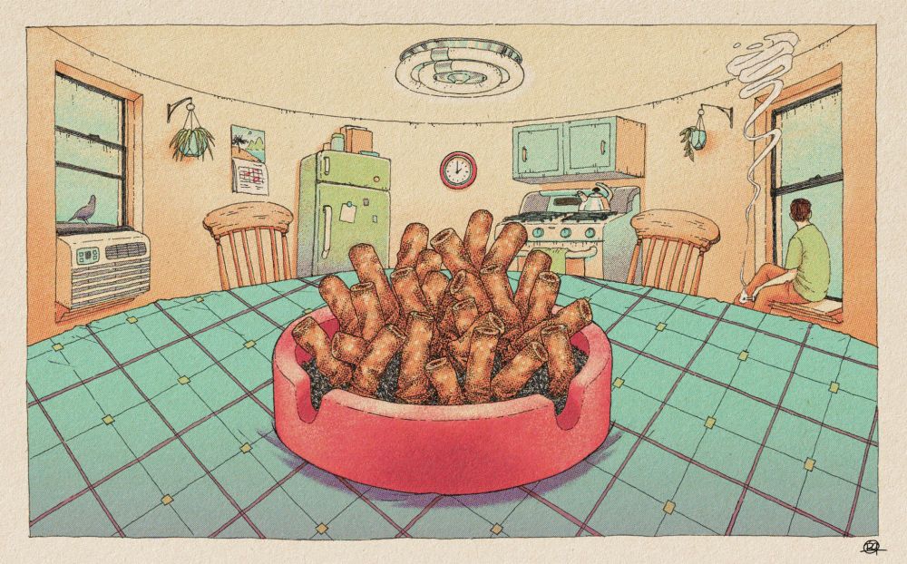 A pile of cigarette butts in a red ashtray sits in the center of a small kitchen table in an apartment. on the right side, a man is smoking and sitting on the windowsill, looking out. a pigeon sits at the window on the left.