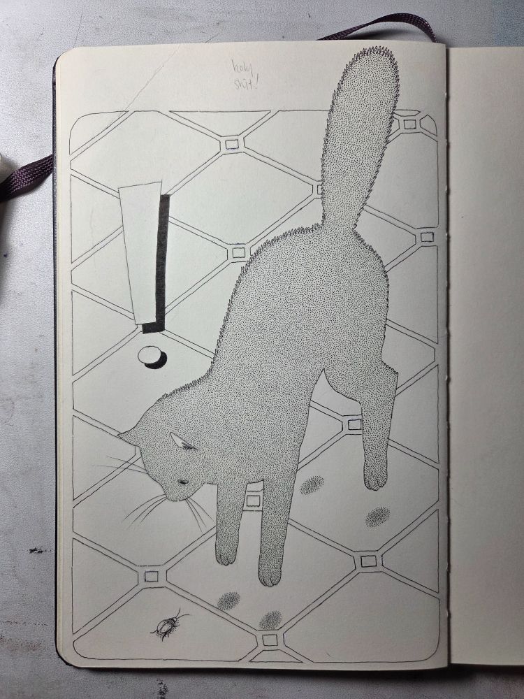 a black cat on a tiled floor is startled by a small bug. there's an exclamation point in here so you know this is a big reaction