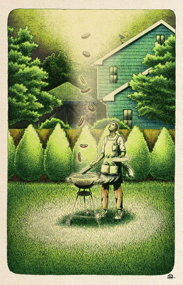 a man is barbecuing in his backyard. the franks and burgers are floating up into the air. there is a beam of light, presumably from a UFO, shining down on him from above. some suburban trees and houses are in the distance.