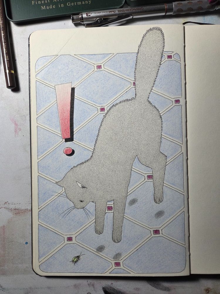 a black cat on a tiled floor jumps at the sight of a bug before him. there is a big red exclamation point to signify his !!surprise!!