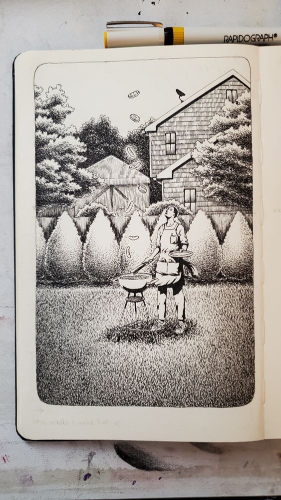 sketchbook page featuring a man barbecuing in his backyard. the franks and burgers are floating up into the air. there is a spotlight shining down on him from above. there's a rapidograph pen above the sketchbook.