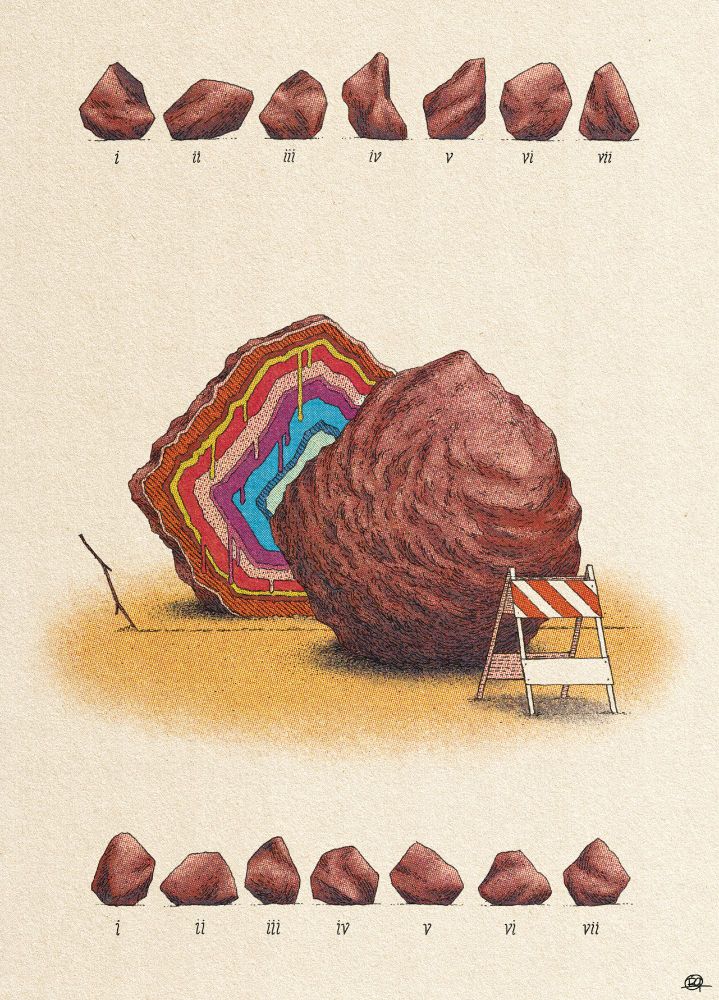 An illustration of rocks in an arrangement. Seven small rocks appear at the top and bottom of the page. In the center, there is a larger rock split down the middle by a stick drawing a line in the sand, revealing a set of multicolored layers beneath the rock's surface. There is a traffic safety barricade on the right side of the image.