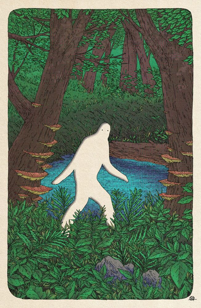 a cut-out silhouette of a large humanlike figure walks through a wooded area near a stream.